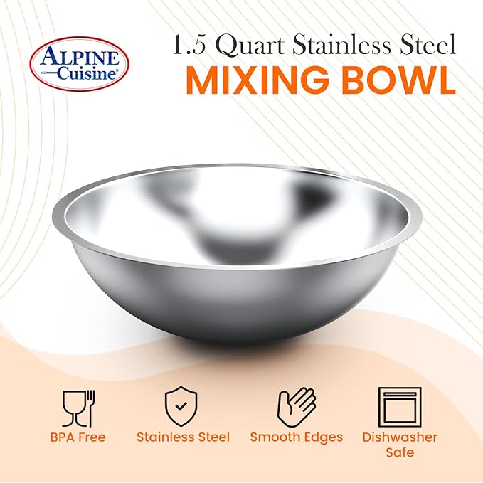 Alpine Cuisine 1.5-Quart Stainless Steel Kitchen Mixing Bowl for Your Kitchen Meal Prep, Cooking, and Baking.
