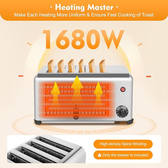 1680W Commercial Toaster, Commercial 6 Slices Stainless Steel Toaster 2 Modes Electric Machine with 1-5 Minutes Timier & Pull-Out Crumb Tray for Home, Bakery 16.1 x 8.7 x 8.5 Inch