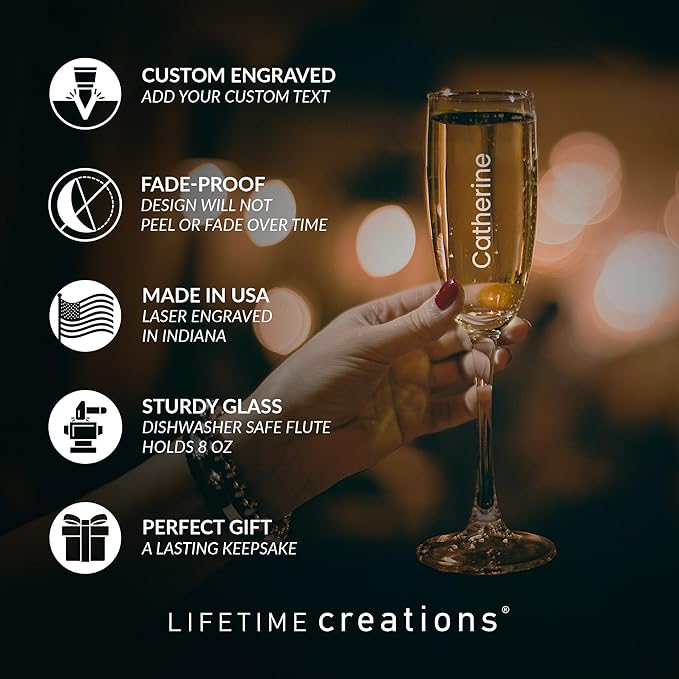Lifetime Creations Engraved Personalized Name Champagne Glass 8 oz - Stemmed Champagne Flute with Name, Monogrammed Toasting Glass Gift, Dishwasher Safe, Made in USA