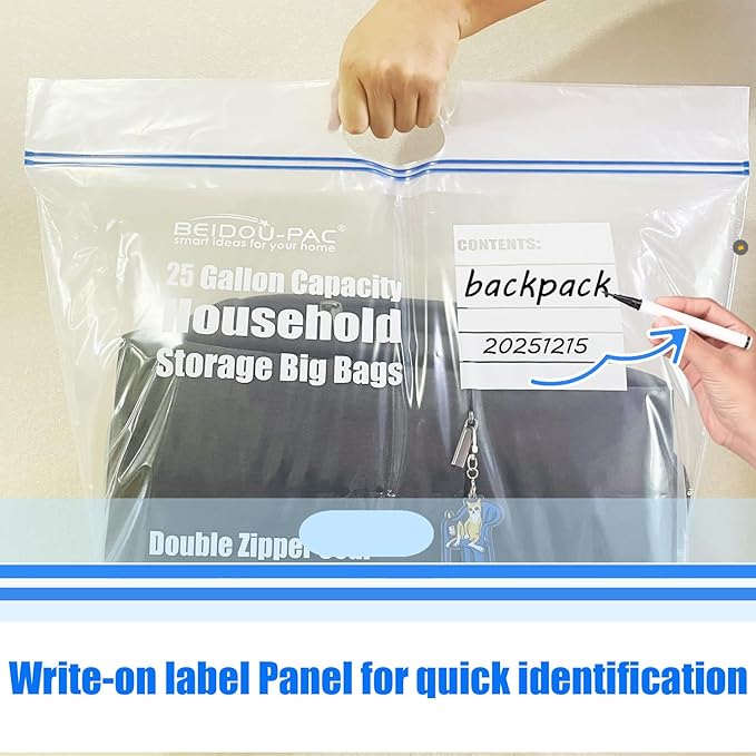 25 Gallon Jumbo Storage Bags with Handle, 15 Count | Double Zipper Seal | Expandable Bottom, Resealable Clear zip Bags for Home, Travel, Moving, Commercial and Outdoor