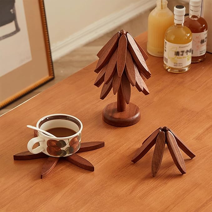 Natural Tree Trivet Set - Natural Foldable Kitchen Trivets, Handmade Wooden Hot Pad Holder for Plates, Pots, Pans, Cup, Kitchen Dining Table Protection (Wood, L)