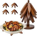 Wooden trivets for hot Dishes – 4 Tree-Shaped Coasters & 1 Stand for Hot Pots, Dishes | Heat-Resistant, Space-Saving Pot Rest & Cozy Kitchen Decor, Tree Trivets for Counter + Special Bonus (Walnut)
