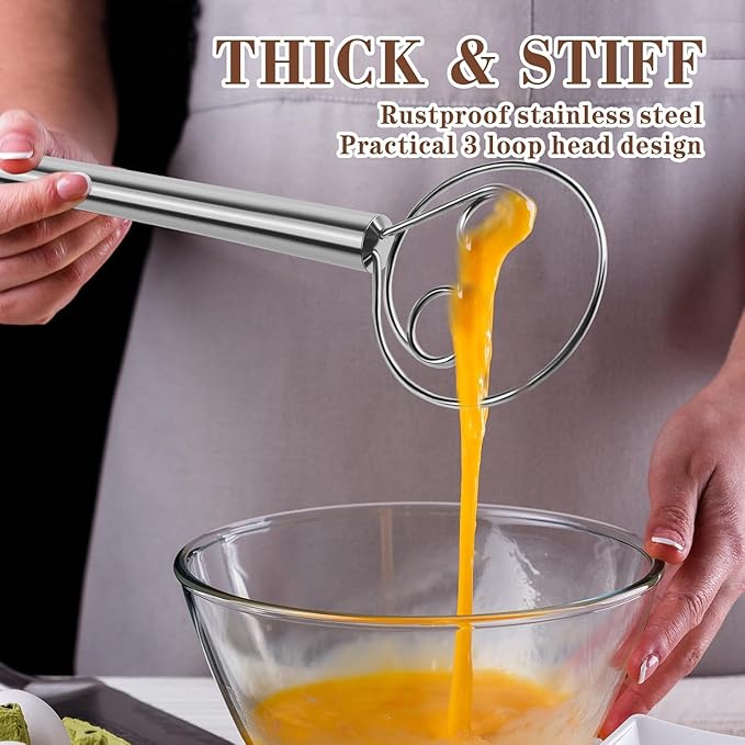 Danish Dough Whisk Stainless Steel Dough Hook Dutch Whisk for Sourdough Bread Dough Mixer Hand Wooden Handle Kitchen Whisking Mixing Tool Bread Making Tools and Supplies (Stainless Steel 2-eye)
