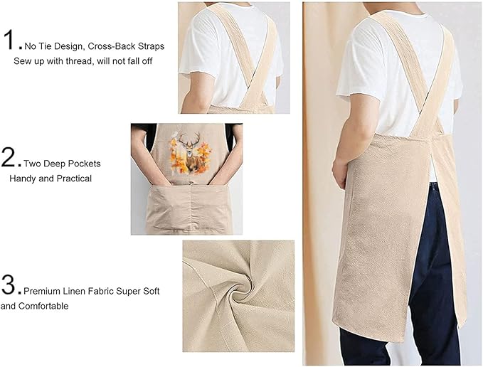 Cotton Linen Apron Non-tie Cross Back Kitchen Apron with Pockets Soft Comfortable Durable for Cooking Baking Gardening (Khaki,Deer)