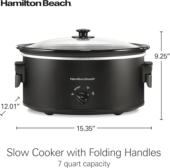 Hamilton Beach 7 Quart Slow Cooker with Space-Saving Folding Handles, 3 Heat Settings, Dishwasher Safe Stoneware Crock and Glass Lid, Black (33174)