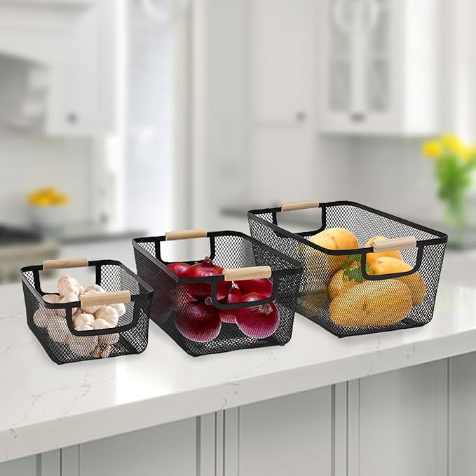 Potato and Onion Storage Bin with Garlic Bin, 3 Set Potato Bin Onion Container Garlic Keeper with Wooden Handle, Pantry Kitchen Metal Mesh Basket for Fruits, Vegetables and Produce-Black