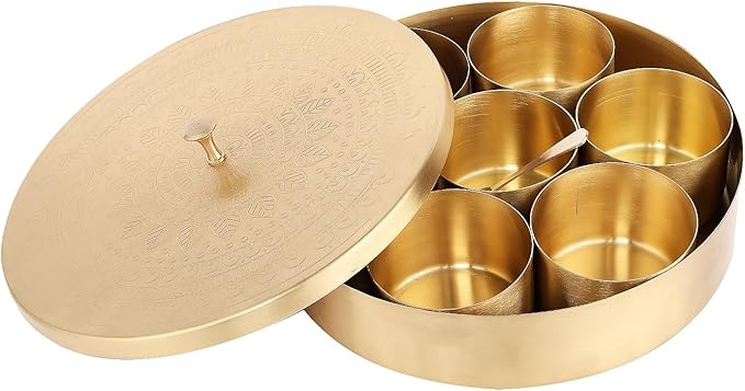 Brass Round Spice Box Masala Dabba-Spice Box Set With Spoon Container 80 ML Indian Masaladanni for Kitchen Counter With Spoon (Mandala, 7 Inch (Small Family))