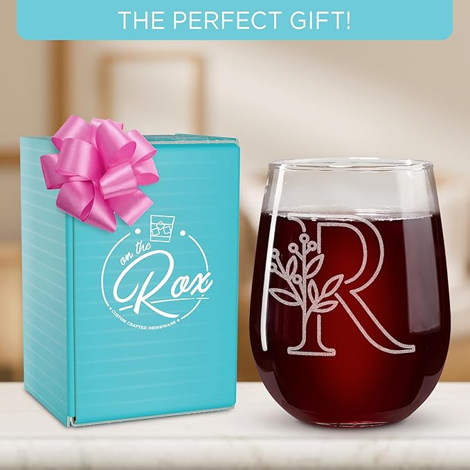 On The Rox Drinks Monogrammed Gifts For Women and Men - Letter A-Z Initial Engraved Monogram Stemless Wine Glass - 17 Oz Personalized Wine Gifts For Women and Men (R)