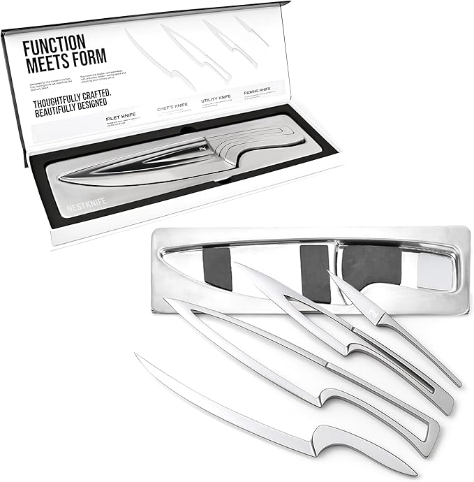 Kitchen Knife Set Stainless Steel, Chef Knife Set of 4 Pieces, Space Saving Ergonomic Design of Chef's Knives, Modern Stainless Steel Knives, Aesthetic Kitchen Essential, NestKnife Patented Technology