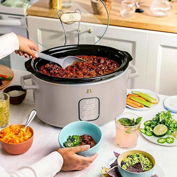 Beautiful 6 Qt Programmable Slow Cooker by Drew Barrymore - 5 Preset Cooking Functions, Digital Countdown Timer, Dishwasher-Safe Parts, and Cool-Touch Handles (Porcini Taupe)