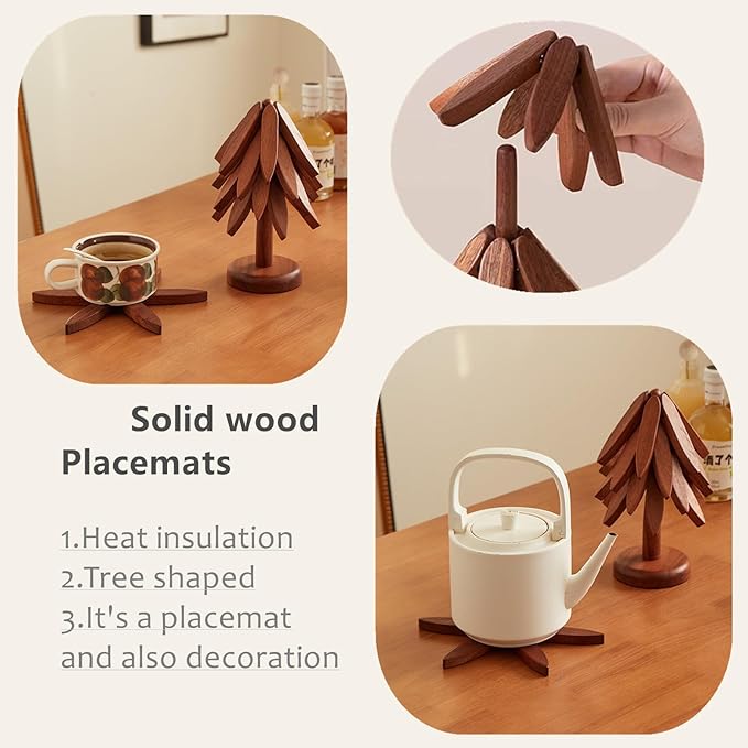 Wooden Trivets for Hot Dishes,Tree Shape Trivet Set,Placemat Solid Wood Table Mat for Hot Pots,Pans 5 Layers+1 Stand Heat Insulation Ornament Christmas Decorations DIY Xmas Gift