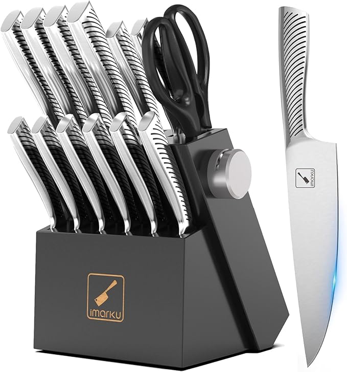Knife Block Set, 14Pcs High Carbon Stainless Steel Knife Set with Block, Kitchen Knife Set Black, Dishwasher Safe, Build-in Sharpener