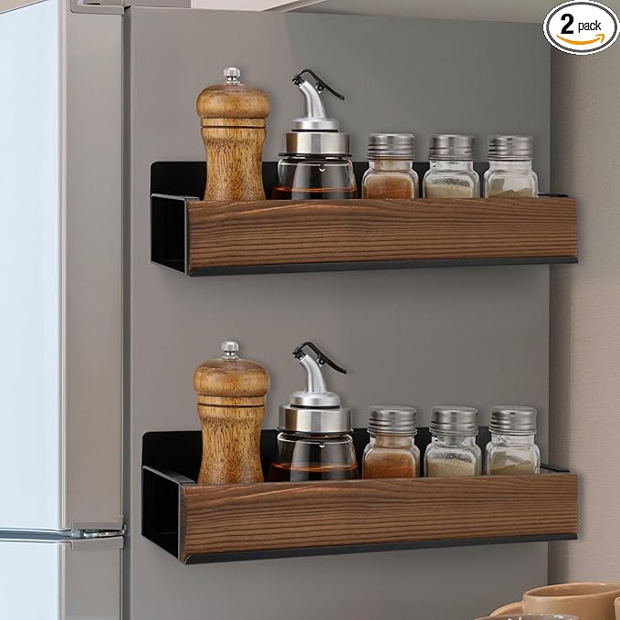 2 Pack Farmhouse Magnetic Spice Rack for Refrigerator Metal Magnet Basket Shelf for Fridge Seasoning Storage Organizers Home Decor Kitchen Accessories (Wooden Color)