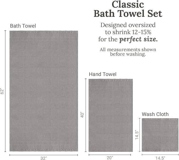 GILDEN TREE Waffle Towel Set Quick Dry Thin | 2 Bath Towels | 2 Hand Towels | 2 Washcloths, Classic Style (Pewter)