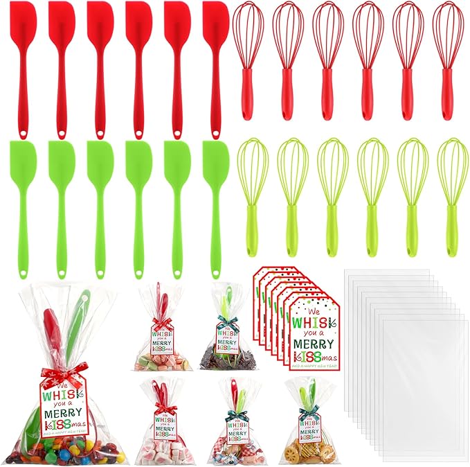Bokon 12 Sets 48 Pcs Christmas Whisk Spatula Baking Gifts Red Green Christmas Kitchen Sets Includes Silicone Steel Whisk Spatula Greeting Cards Ribbons Plastic Bags Cooking Supplies for Xmas Gift