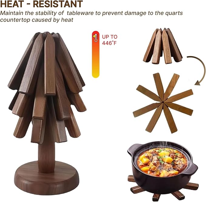 Walnut Wood Kitchen Table Decor Foldable Walnut Wooden Trivet Set 3 Tree Shape Trivets and Stand Heat Resistant Wooden Hot Pads for Hot Dishes Pots Pans Bowls Teapots