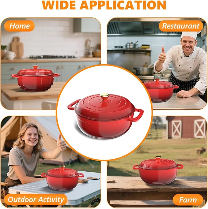 ROVSUN Enameled Cast Iron Round Dutch Oven, 6QT Pot with Lid &Dual Handles with Silicone Gloves,Oven Safe up to 500°F, Heavy-Duty Pre-Seasoned Cookware for Bread Baking, Braising, Stews, Roasting, Red
