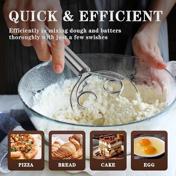 Danish Dough Whisk Stainless Steel Dough Hook Dutch Whisk for Sourdough Bread Dough Mixer Hand Wooden Handle Kitchen Whisking Mixing Tool Bread Making Tools and Supplies (Stainless Steel 2-eye)