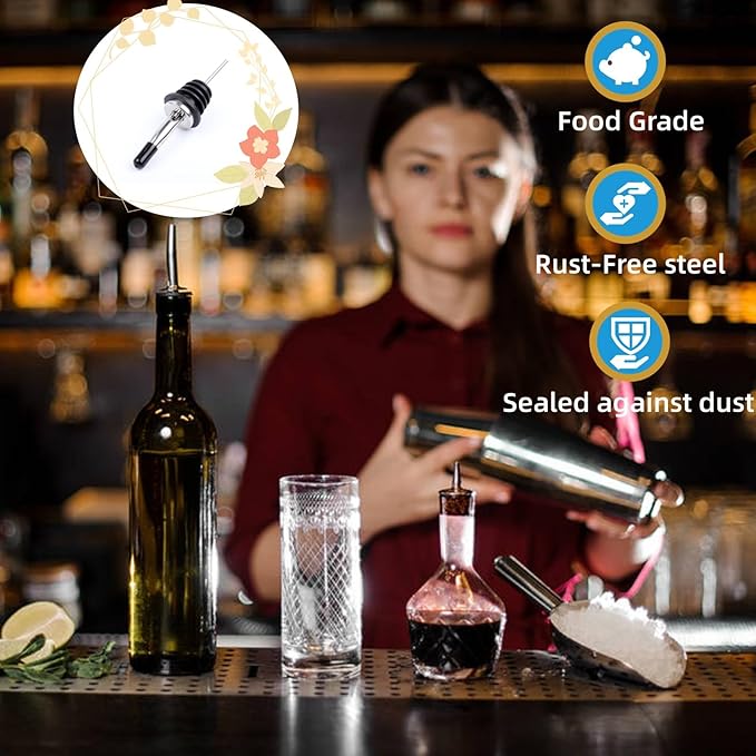 Liquor Pour Spouts with Dust Caps - Speed Pourer Nozzles for Alcohol & Liquor Bottles | Pro Bar & Home Use Bartender Accessories with Leak-Proof & Rustproof Toppers