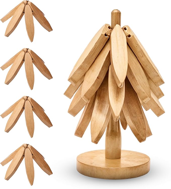 Wooden trivets for hot Dishes – 4 Tree-Shaped Coasters & 1 Stand for Hot Pots, Dishes | Heat-Resistant, Space-Saving Pot Rest & Cozy Kitchen Decor, Tree Trivets for Counter + Special Bonus (Beech)
