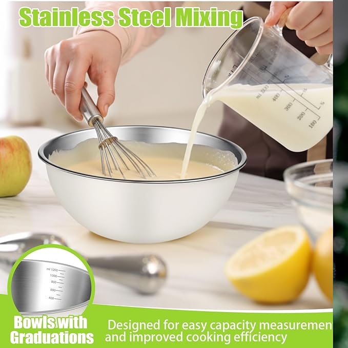 12 Pcs 1.3qt Stainless Steel Mixing Bowls Nesting Metal Prep Salad Bowls with Scale Reusable Baking Cooking Food Soup Storage Organizers for Kitchen Refrigerator
