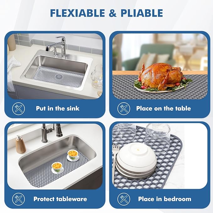 Silicone Sink Protectors for Kitchen Sink - 26"x 14" Kitchen Protector Accessory, Non-Slip Heat Resistan Mat for Bottom of Farmhouse Stainless Steel Porcelain, Dishwasher Safe (Gray)