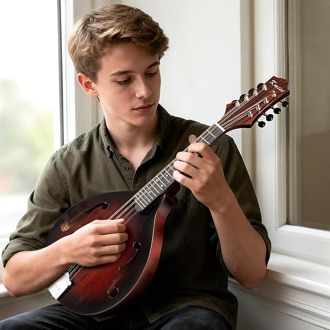 Mandolin Musical Instrument A Style, Acoustic Mandolins Instrument Kit 8 String with Tuner Strap Gig Bag Chord Chart for Professional Beginners Adults Teens Youth(A Style Acoustic Brown, 8 String)