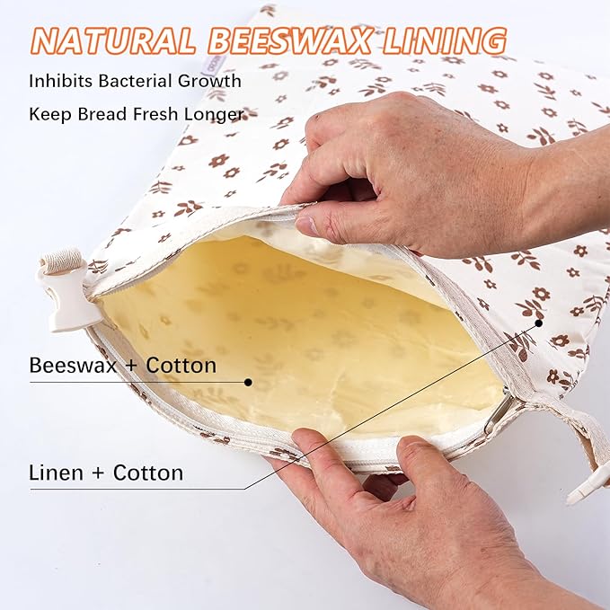 ORORIN Beeswax Bread Bags for Sourdough,Reusable Linen Waxed Sourdough Bread Bags for Homemade Bread,Bread Storage Container to Keep Fresh,Zipper Freezer Bags,Sourdough Accessories (2-Pack)