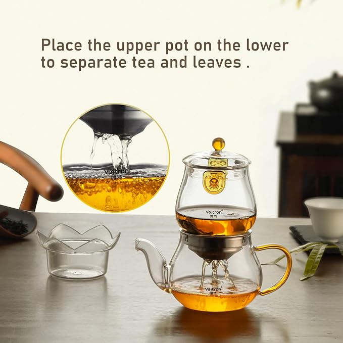 Easy to Soak Tea Pot, Total 560ml (18.94 oz) Glass Teapot with Base, Tea and Water Separation Magic Teapot for Stovetop, Home, Office or Solo Tea Drinking