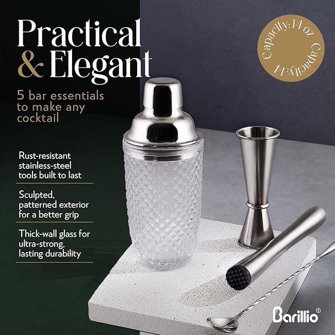 Barillio Glass Cocktail Shaker Set | 14 oz Cobbler Mixer with Bar Tools | Bartender Kit with Measuring Jigger, Mixing Spoon and Muddler | Gift Set