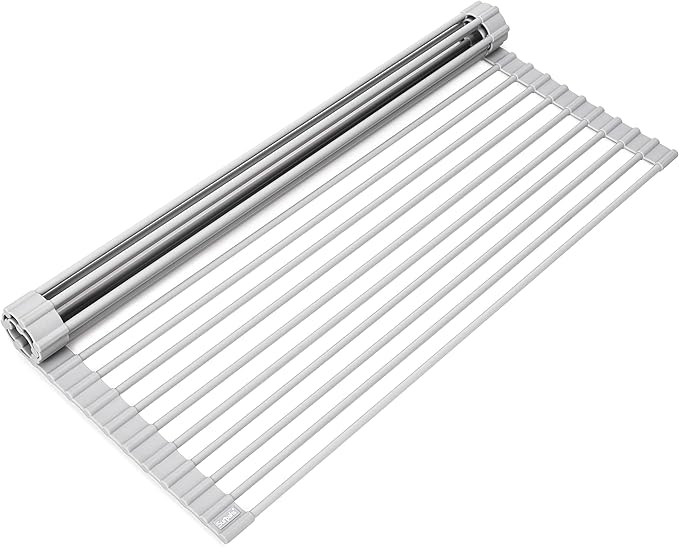 Surpahs Roll-Up Dish Drying Rack, Warm Gray, 20.5" x 15.5", Wide Platform, Fits Sinks up to 18.5", Silicone-Coated Stainless Steel