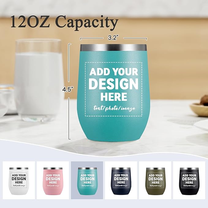 MEWAY Personalized Custom 12oz Wine Tumbler with Lid, Insulated Double Wall Vacuum Travel Tumbler Gifts with Text Photo Logo (Blue, 1pack)
