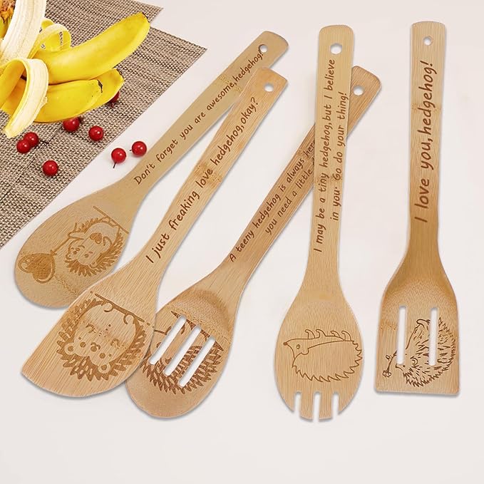 5PCS Hedgehog Wooden Cooking Spoons Set Hedgehog Gifts for Women Kitchen Decor Bamboo Cooking Utensil Spoons for Housewarming Wedding Anniversary Thanksgiving Christmas Gifts Mom Women