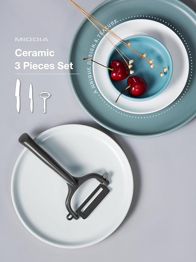 Kitchen Knife Set with Peeler (3 Pieces), includes 5" Santoku Knife, 4.5" Paring Knife, Fruit and Vegetable Peeler, Ceramic Blades with Ergonomic Handle, Black Blade