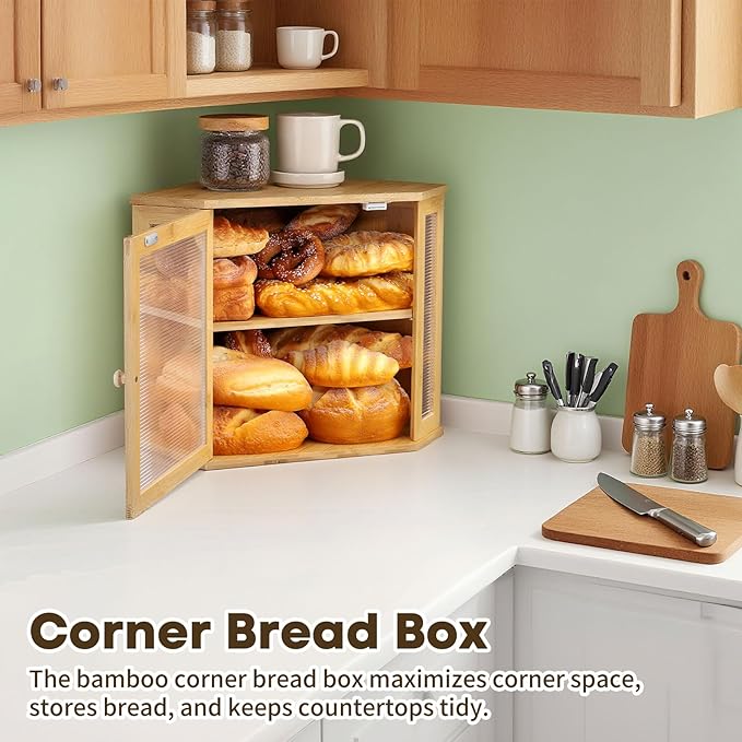Corner Bread Box for Kitchen Countertop Bamboo Large Capacity Bread Storage Bin with Acrylic Wavy Door Panel,Bread Box Under Cabinet (Natural,Medium)
