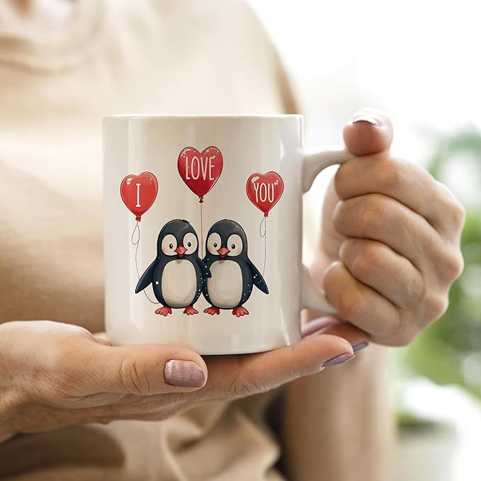 QASHWEY Penguin Mug, Valentines Coffee Mug Gifts for Him Her Wife Husband, Valentines Mug Tea Cup Gifts for Him Her Boyfriend Girlfriend, Penguins I Love You Mug Coffee Cups Ceramic 11oz