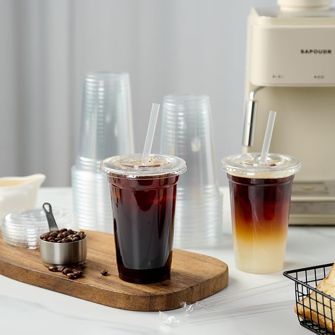 Turbo Bee 200 Sets 20 OZ Clear Plastic Cups with Lids and Straws, Disposable To Go Iced coffee cups with lids for Cold Drinks, Smoothie, and Slushie