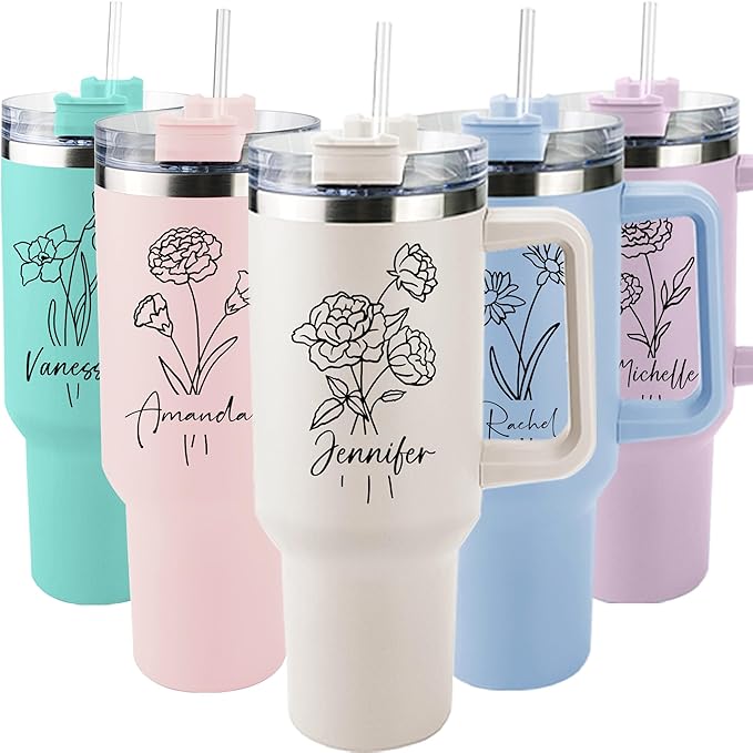 ThermoThrill Ships Next Day, Personalized 40 Oz Tumbler with Handle and Straw Custom Tumbler with Text Stainless Steel Mug Birthday Gifts for Women