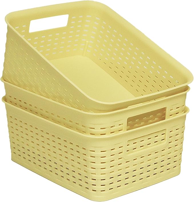 Plastic Storage Baskets for Cabinets, Household Pantry Organization with Handle,Organizer Bins for Room,Bathrooms,Under-Sink,Kitchen (Yellow, S-3PACK)