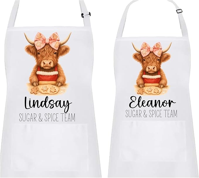 Personalized Mommy & Me Highland Cow with Bow Apron Set – Christmas Matching Family Baking Gift