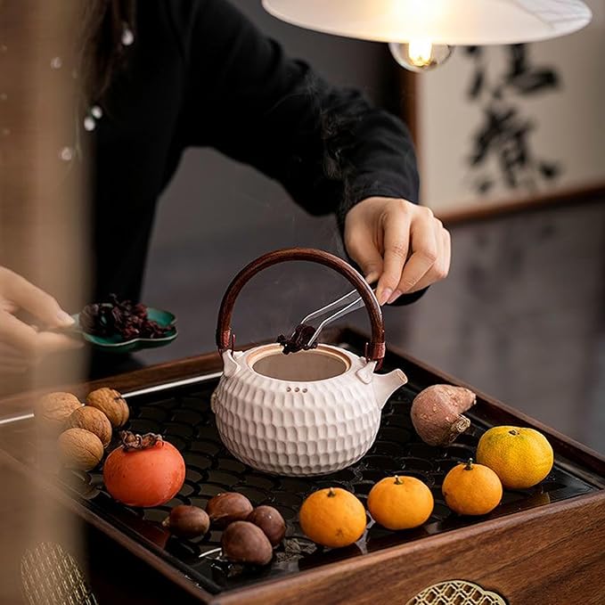 600ml/20oz Ceramic Teapot for Stove,Suitable for Indoor or Outdoor Camping,Featuring A Spherical Tea Infuser,Blooming and Loose Leaf Tea Maker