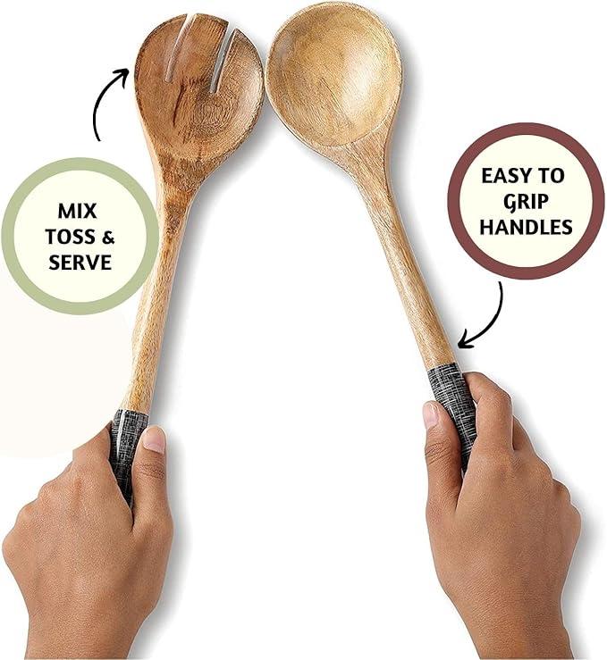 Folkulture Salad Servers or Salad Tongs | Set of 2 (12") Serving Spoons in Kitchen Essentials or Salad Hands Set | Wooden Salad Tongs for Serving | Christmas Gifts for Women Unique