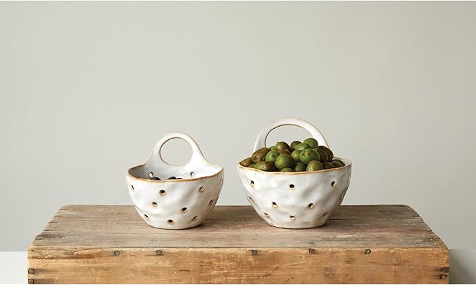 Creative Co-Op Set of 2 Cream Stoneware Colanders