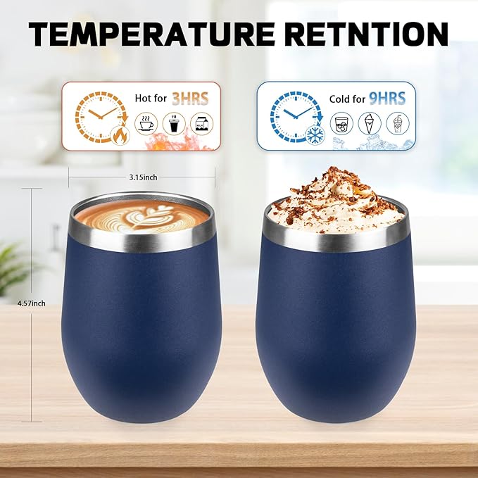 StarSpeed 12oz/8 Pack Wine Tumbler with lid, Stainless Steel Travel Mugs Stemless Double Wall Insulated Coffee Cup, Insulated Wine Glasses Travel Tumbler for Cold & Hot Drinks(Navy Blue, 8)