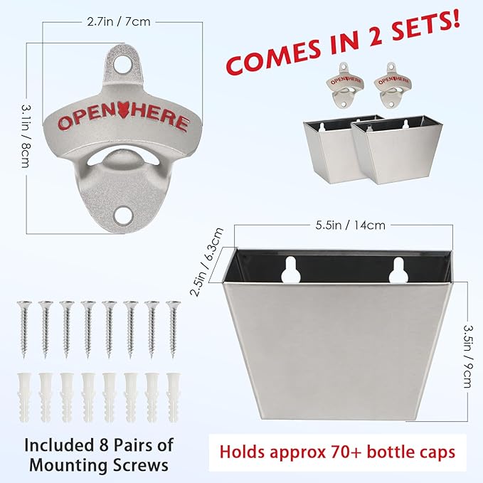 kilofly 2 SETS Beer Bottle Opener Cap Catcher Bucket Man Cave Gift Wall Mounted