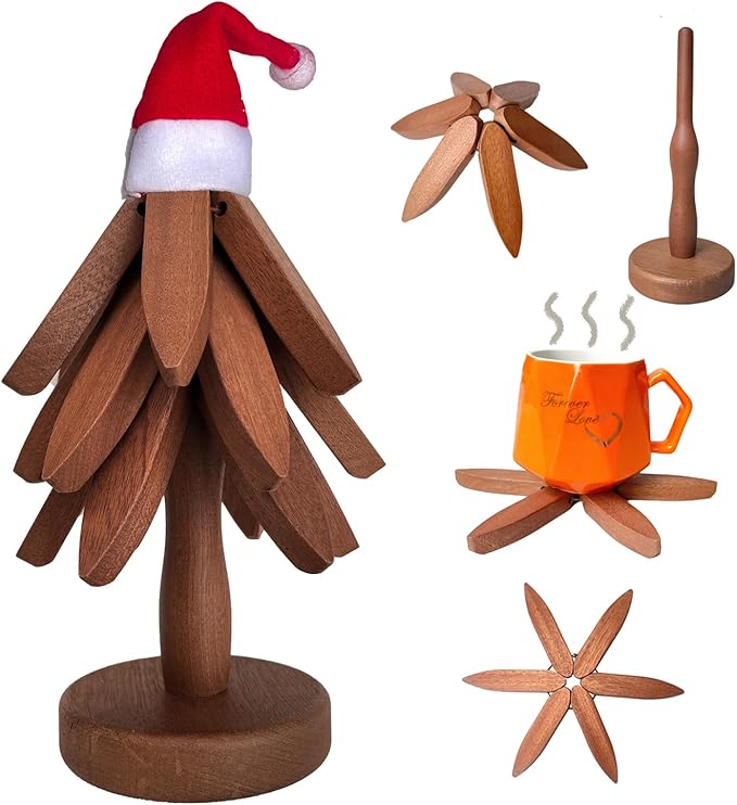 Wooden Trivets for Hot Dishes, Artisanal Wooden Coasters Trivet, Wooden Tree Trivet Set, Set of 3 Natural Tree Trivets+1 Stand