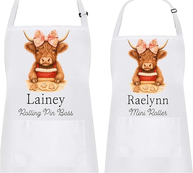 Personalized Mommy & Me Highland Cow with Bow Apron Set – Christmas Matching Family Baking Gift
