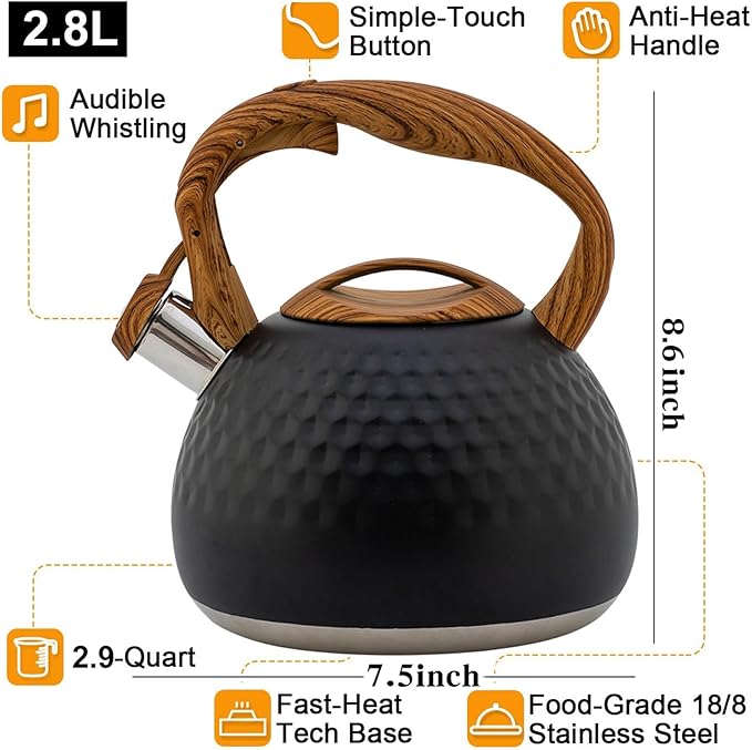 Vilihkc Tea Kettle,3 Quart / 2.8 Stainless Steel Tea Kettles, Food Grade Stovetops Tea pot with Wood Pattern Handle Loud Whistling for Tea, Coffee, Milk etc, Gas Electric Applicable