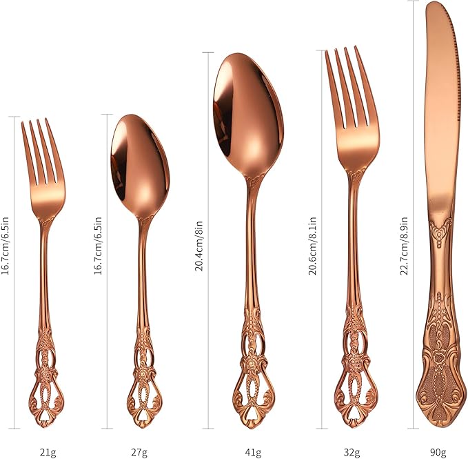 Royal Flatware Set for 4 Copper/Rose Gold Silverware Stainless Steel Cutlery 20 Piece With Vintage Relief Deisgn Kitchen Utensils Retro Forks Spoons Knives Parties Daily Use