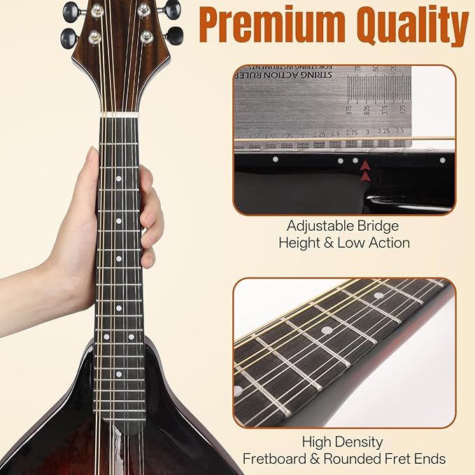 Mandolin Musical Instrument A Style, Acoustic Mandolins Instrument Kit 8 String with Tuner Strap Gig Bag Chord Chart for Professional Beginners Adults Teens Youth(A Style Acoustic Brown, 8 String)